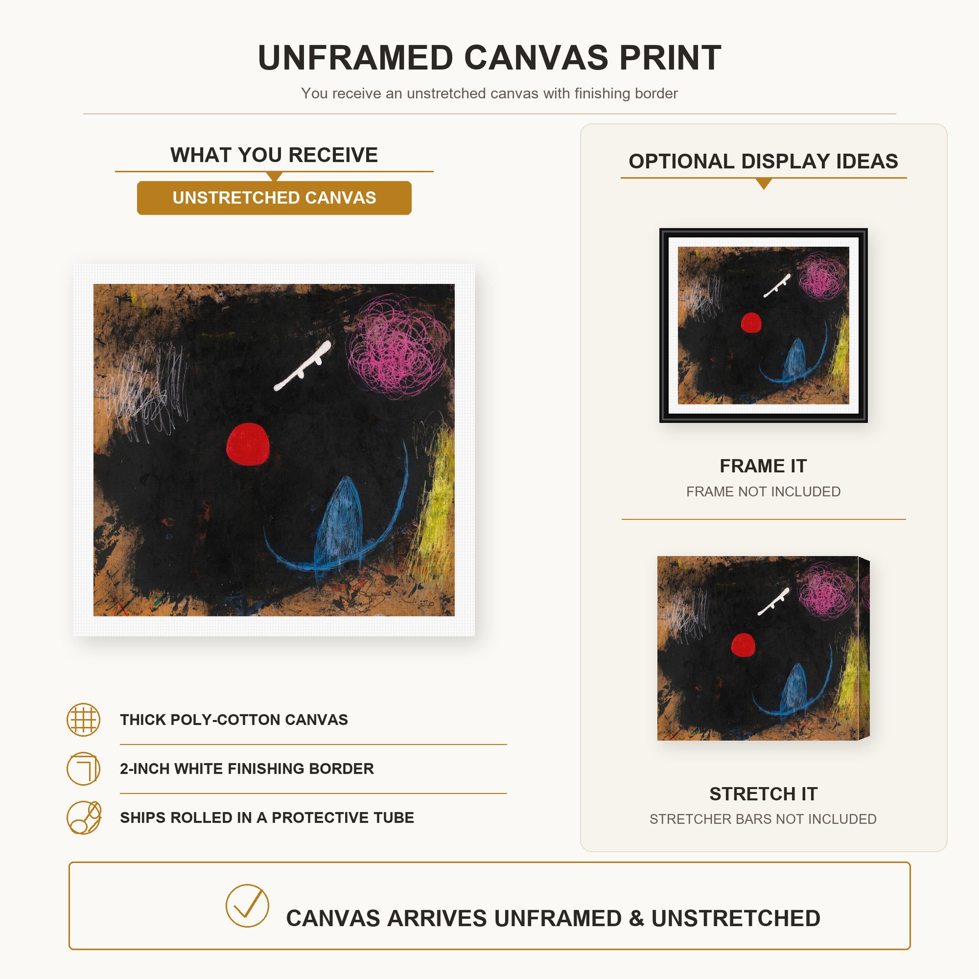 Joan Miró - Dancer in Front of the Sun canvas print size comparison and framing display infographic