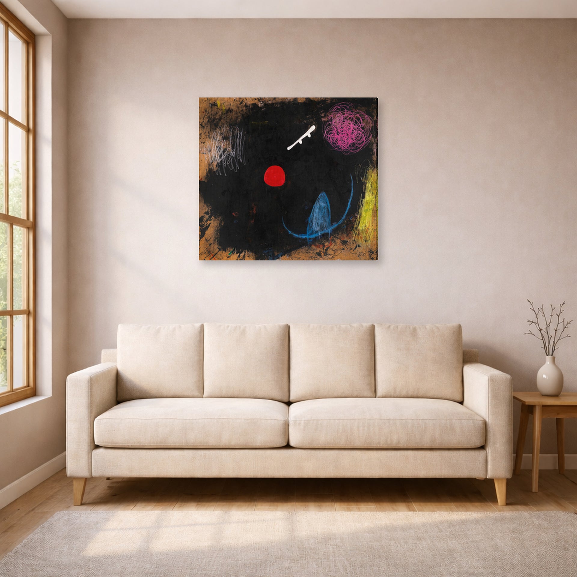 Gallery-wrapped canvas print of Joan Miró's 'Dancer in Front of the Sun' displayed on a wall in a living room