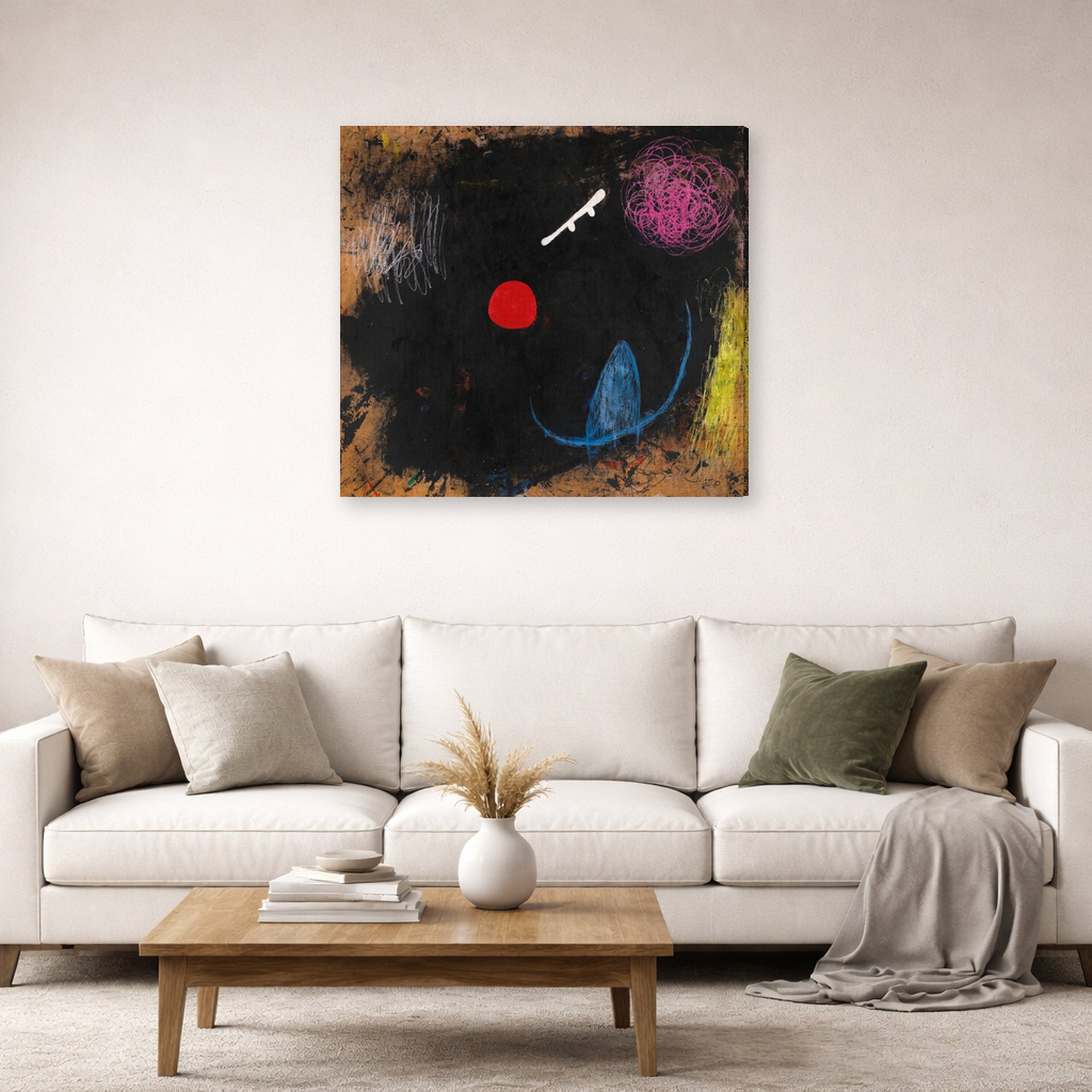 Gallery-wrapped canvas print of Joan Miró's 'Dancer in Front of the Sun' displayed on a wall in a living room