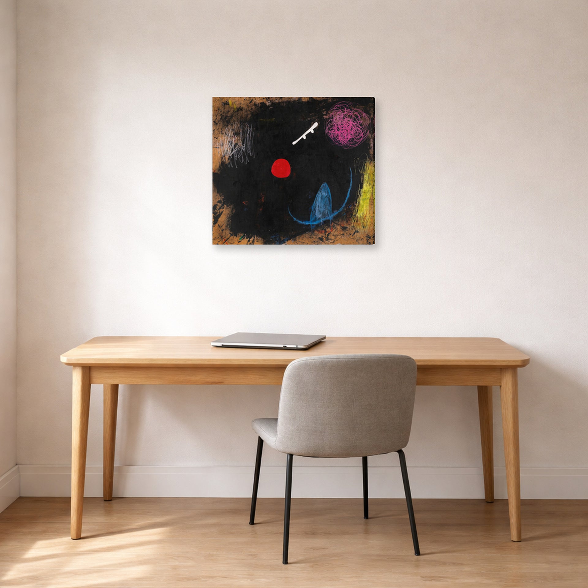 Gallery-wrapped canvas print of Joan Miró's 'Dancer in Front of the Sun' displayed on a wall in a office