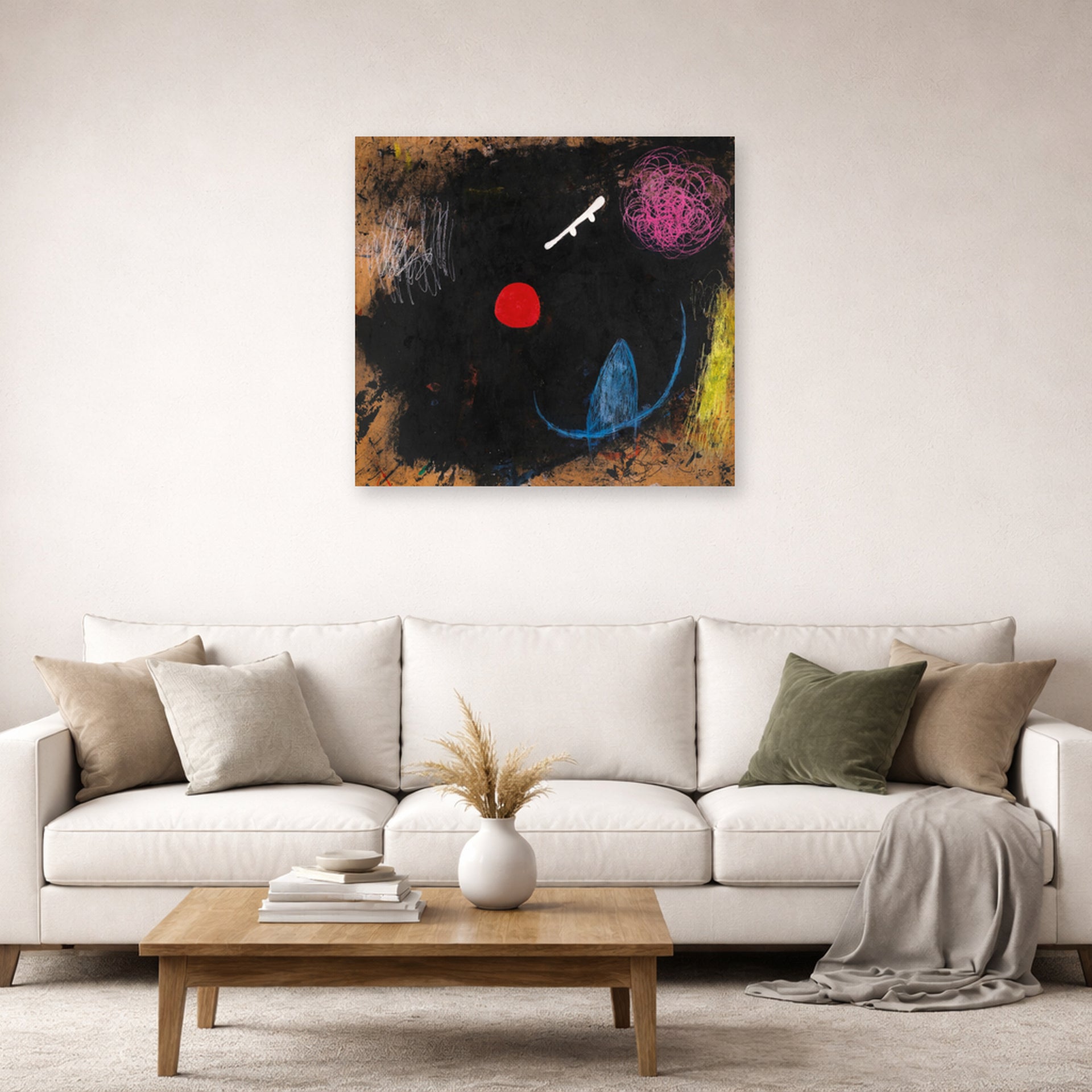 Unframed poster print of Joan Miró's 'Dancer in Front of the Sun' displayed on a wall in a living room