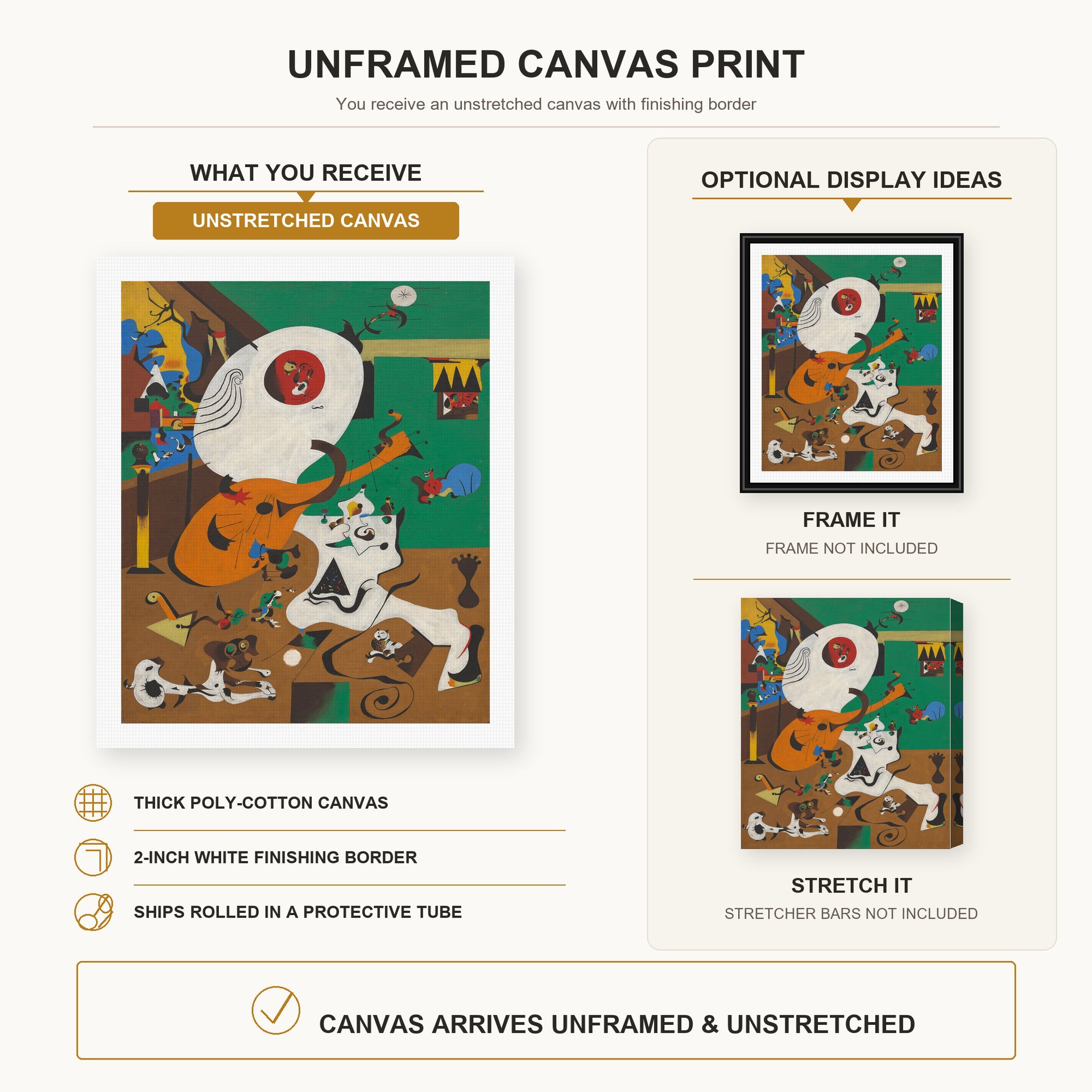 Joan Miró - Dutch Interiors canvas print size comparison and framing display infographic