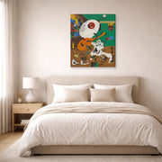 Gallery-wrapped canvas print of Joan Miró's 'Dutch Interiors' displayed on a wall in a bedroom
