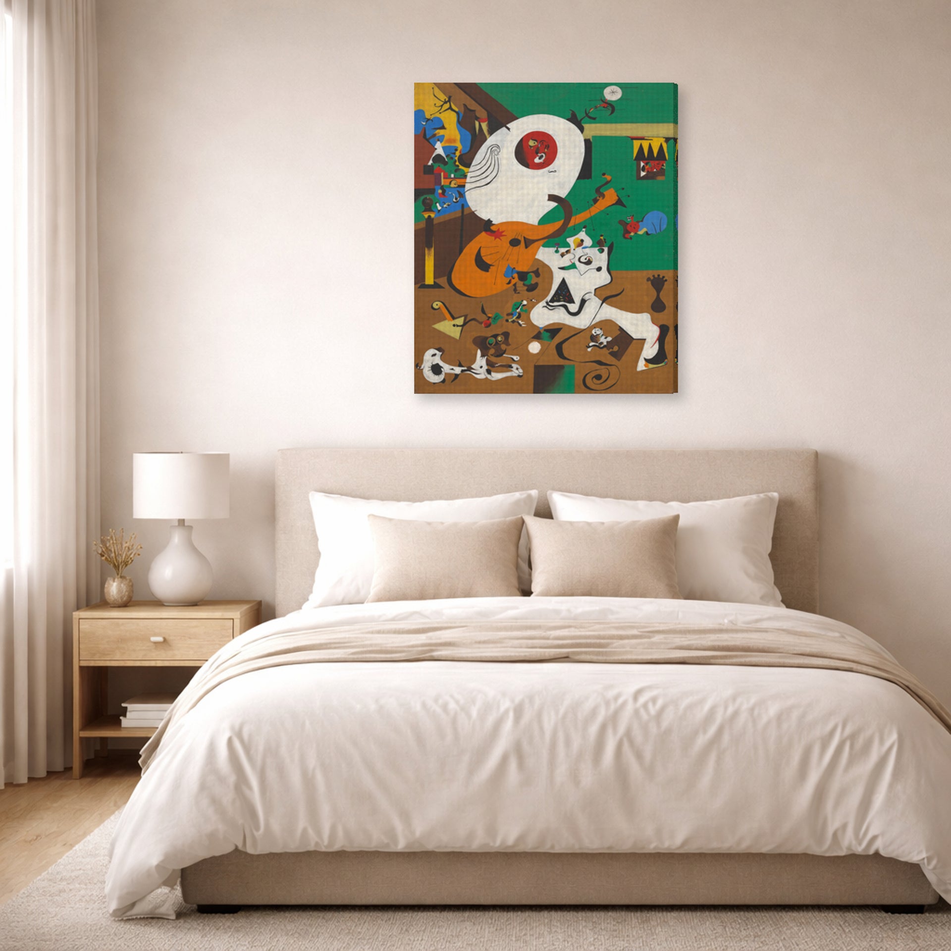 Gallery-wrapped canvas print of Joan Miró's 'Dutch Interiors' displayed on a wall in a bedroom