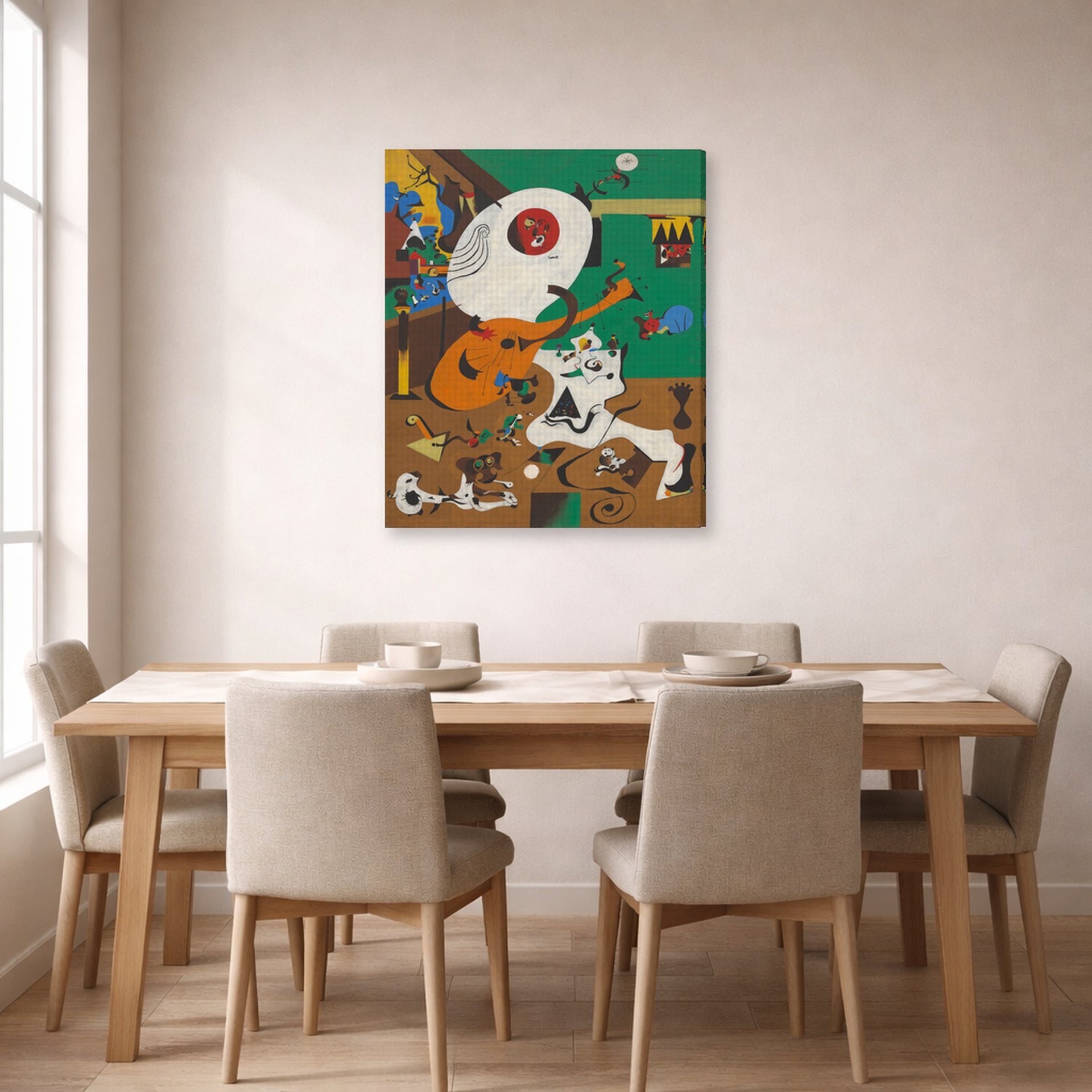 Gallery-wrapped canvas print of Joan Miró's 'Dutch Interiors' displayed on a wall in a dining room