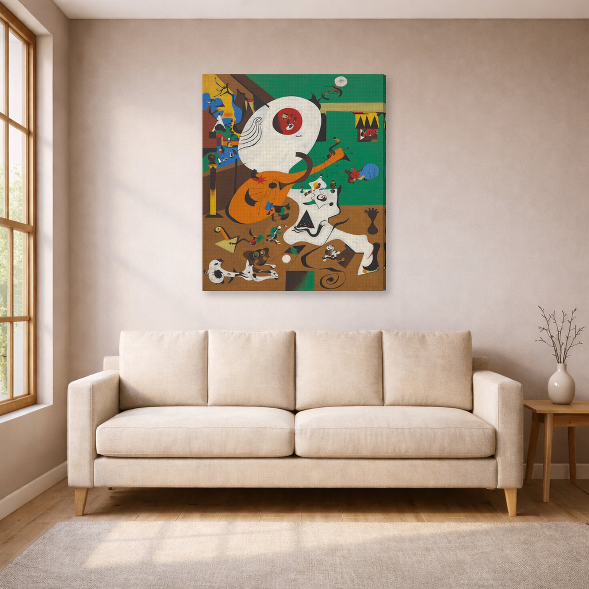 Gallery-wrapped canvas print of Joan Miró's 'Dutch Interiors' displayed on a wall in a living room