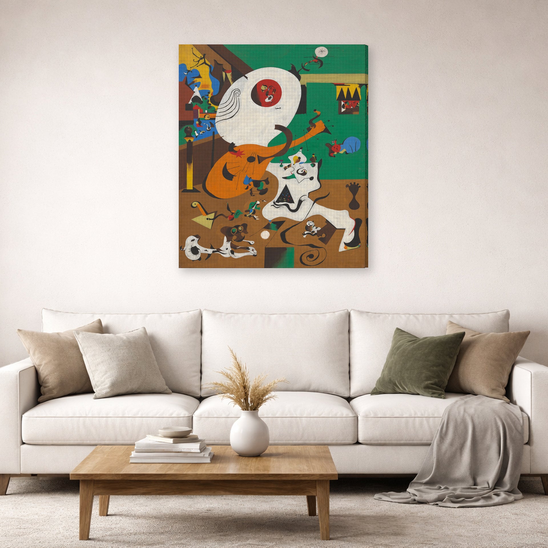 Gallery-wrapped canvas print of Joan Miró's 'Dutch Interiors' displayed on a wall in a living room