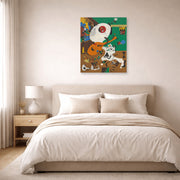 Unframed poster print of Joan Miró's 'Dutch Interiors' displayed on a wall in a bedroom