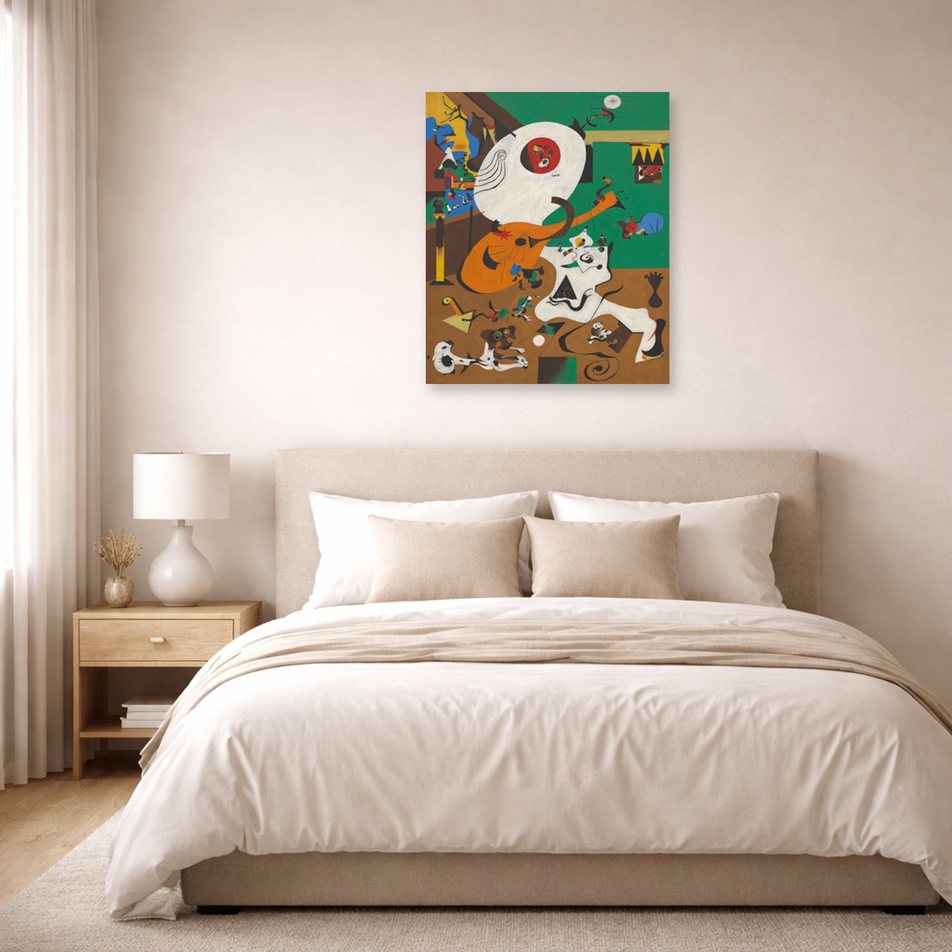 Unframed poster print of Joan Miró's 'Dutch Interiors' displayed on a wall in a bedroom