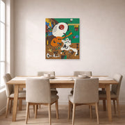 Unframed poster print of Joan Miró's 'Dutch Interiors' displayed on a wall in a dining room