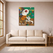 Unframed poster print of Joan Miró's 'Dutch Interiors' displayed on a wall in a living room