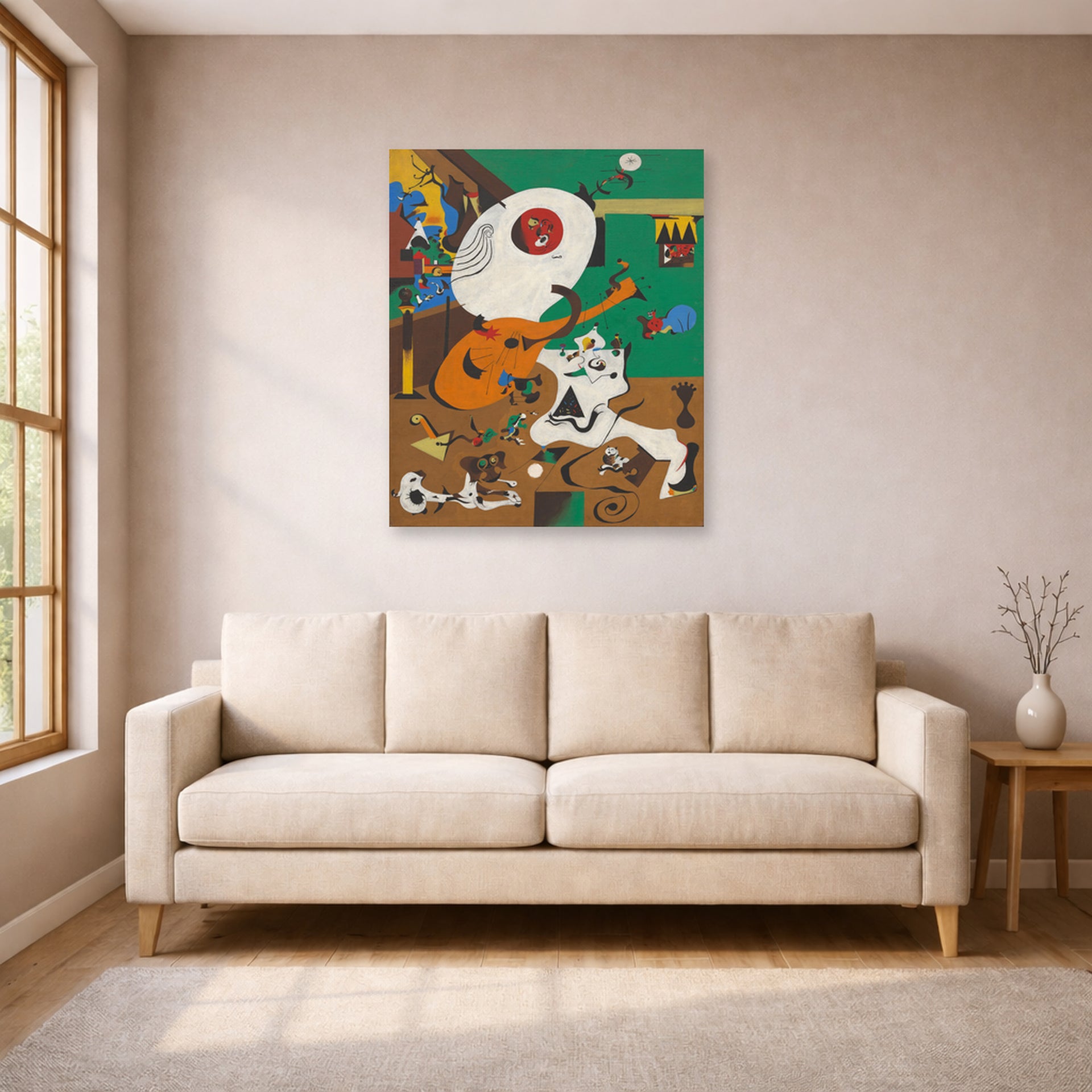 Unframed poster print of Joan Miró's 'Dutch Interiors' displayed on a wall in a living room
