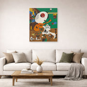 Unframed poster print of Joan Miró's 'Dutch Interiors' displayed on a wall in a living room