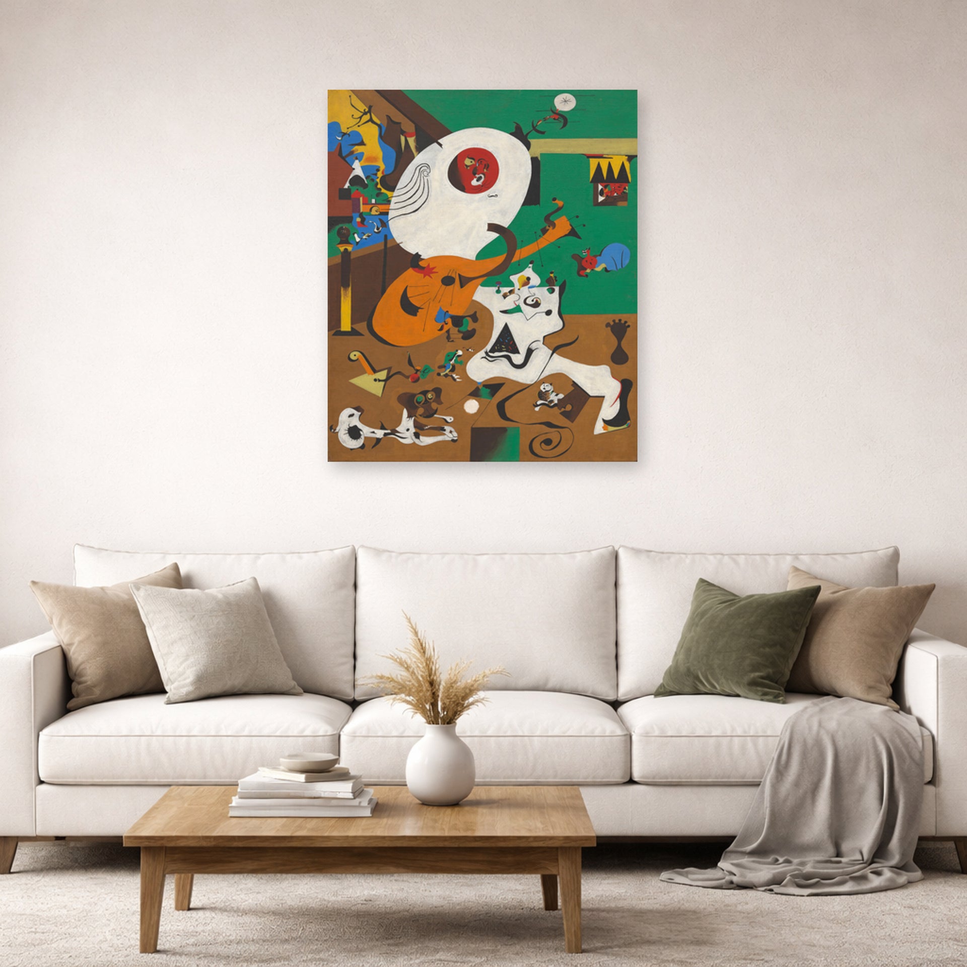 Unframed poster print of Joan Miró's 'Dutch Interiors' displayed on a wall in a living room