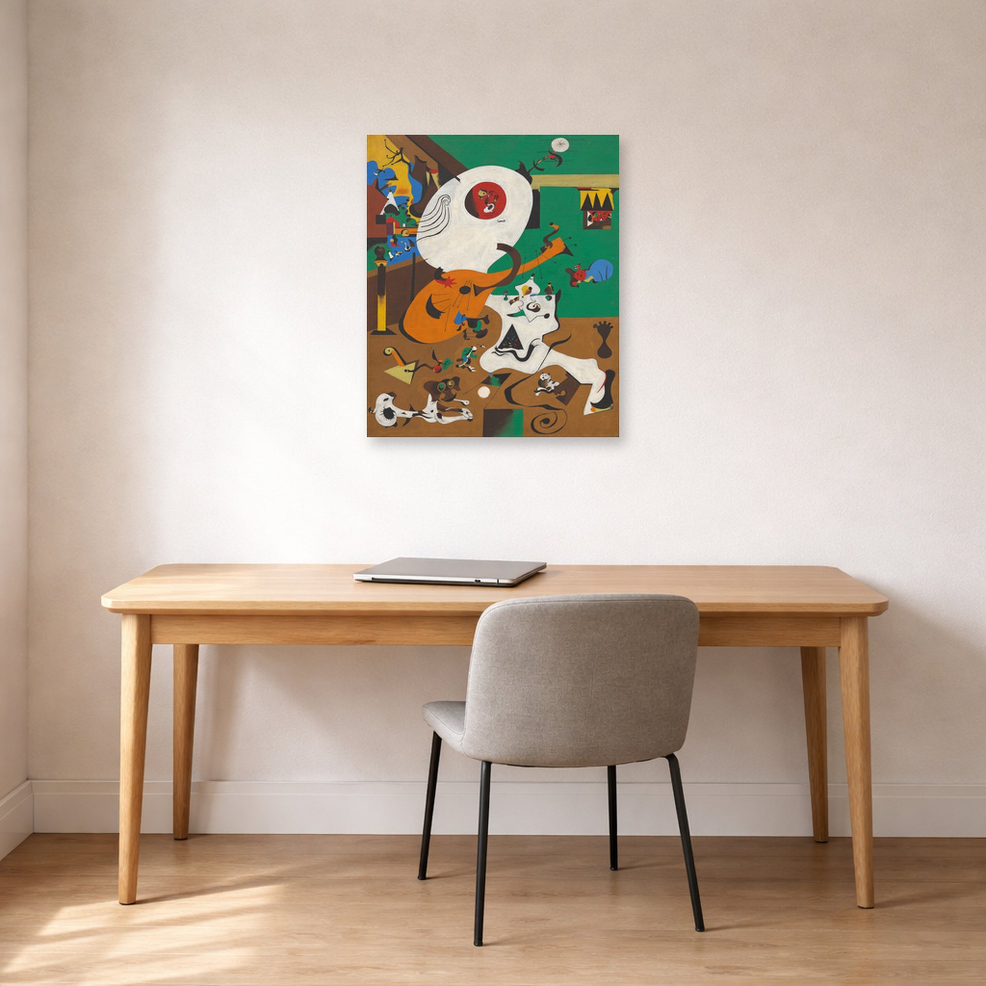 Unframed poster print of Joan Miró's 'Dutch Interiors' displayed on a wall in a office