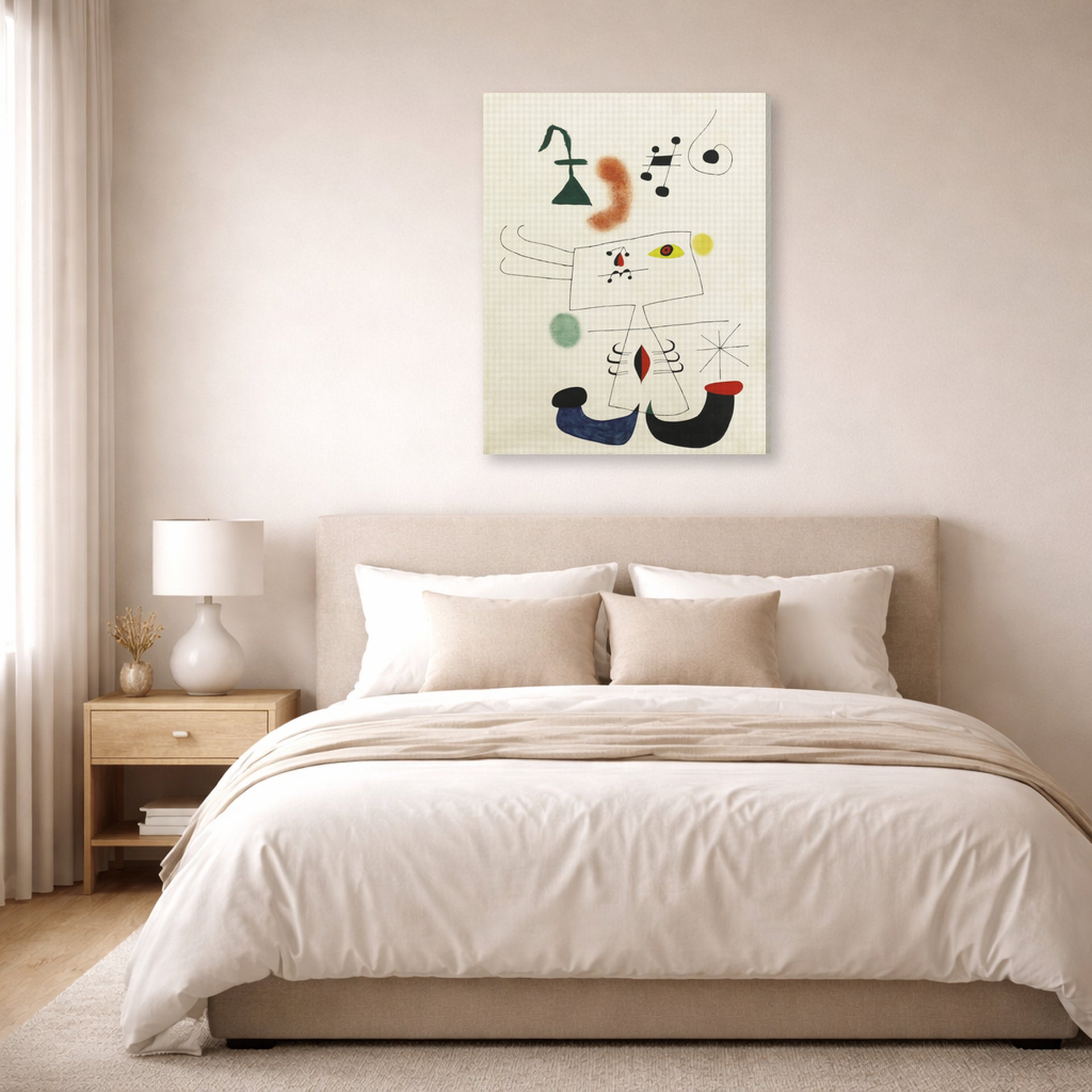Gallery-wrapped canvas print of Joan Miró's 'Emme Revant De L'evasion' displayed on a wall in a bedroom