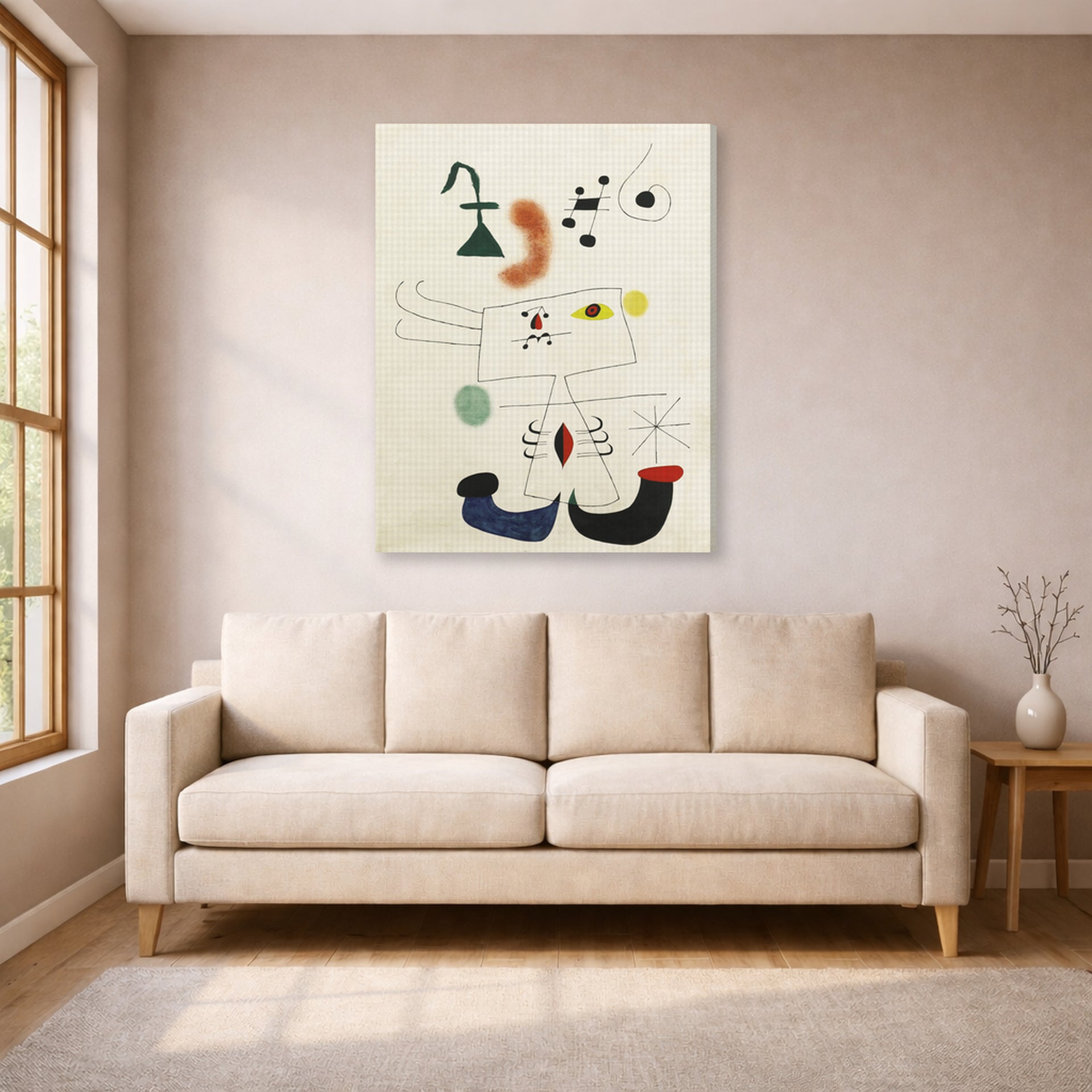 Gallery-wrapped canvas print of Joan Miró's 'Emme Revant De L'evasion' displayed on a wall in a living room
