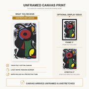 Joan Miró - Fascinating Character canvas print size comparison and framing display infographic