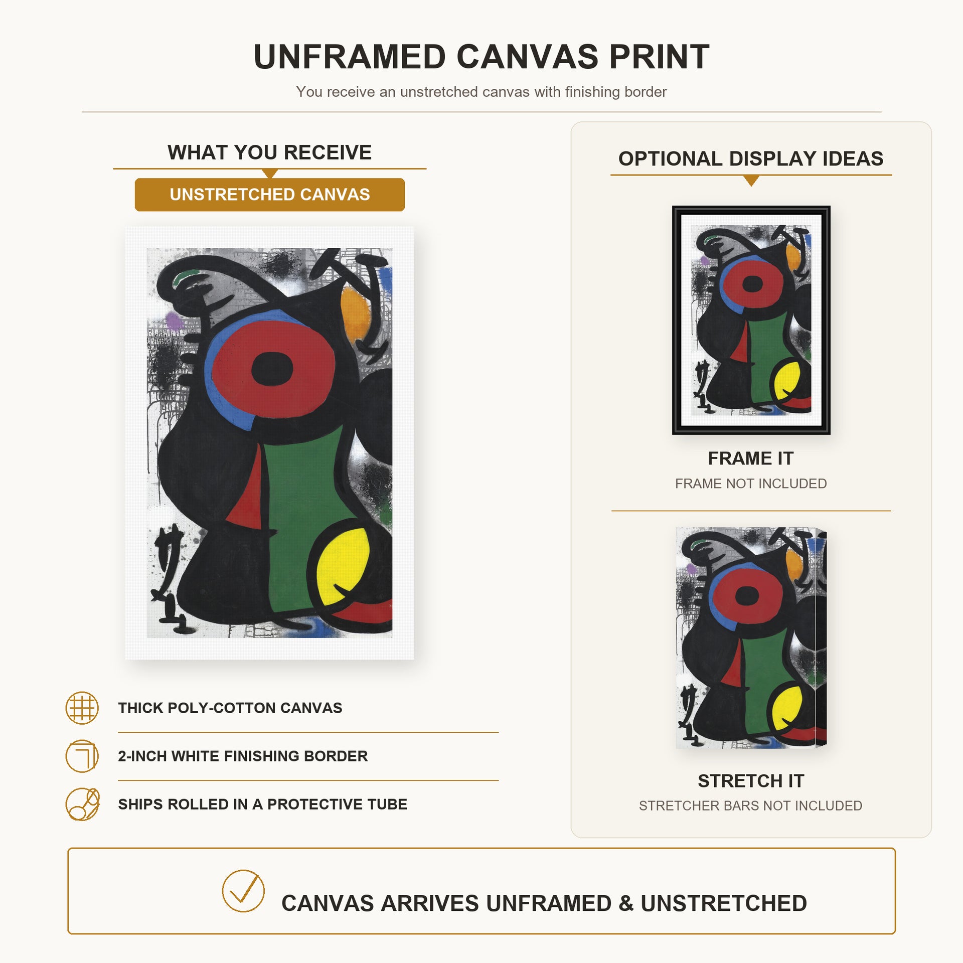 Joan Miró - Fascinating Character canvas print size comparison and framing display infographic