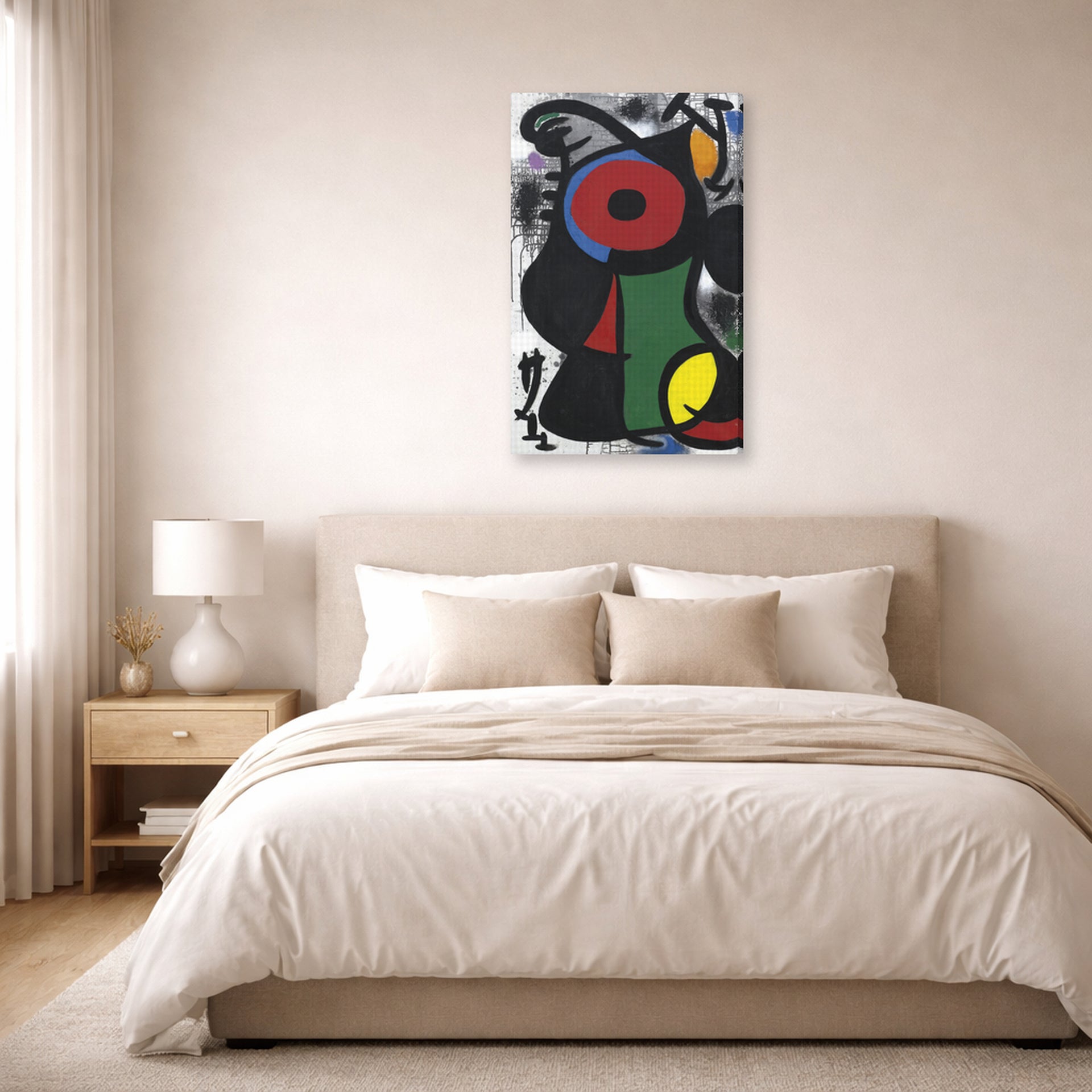 Gallery-wrapped canvas print of Joan Miró's 'Fascinating Character' displayed on a wall in a bedroom