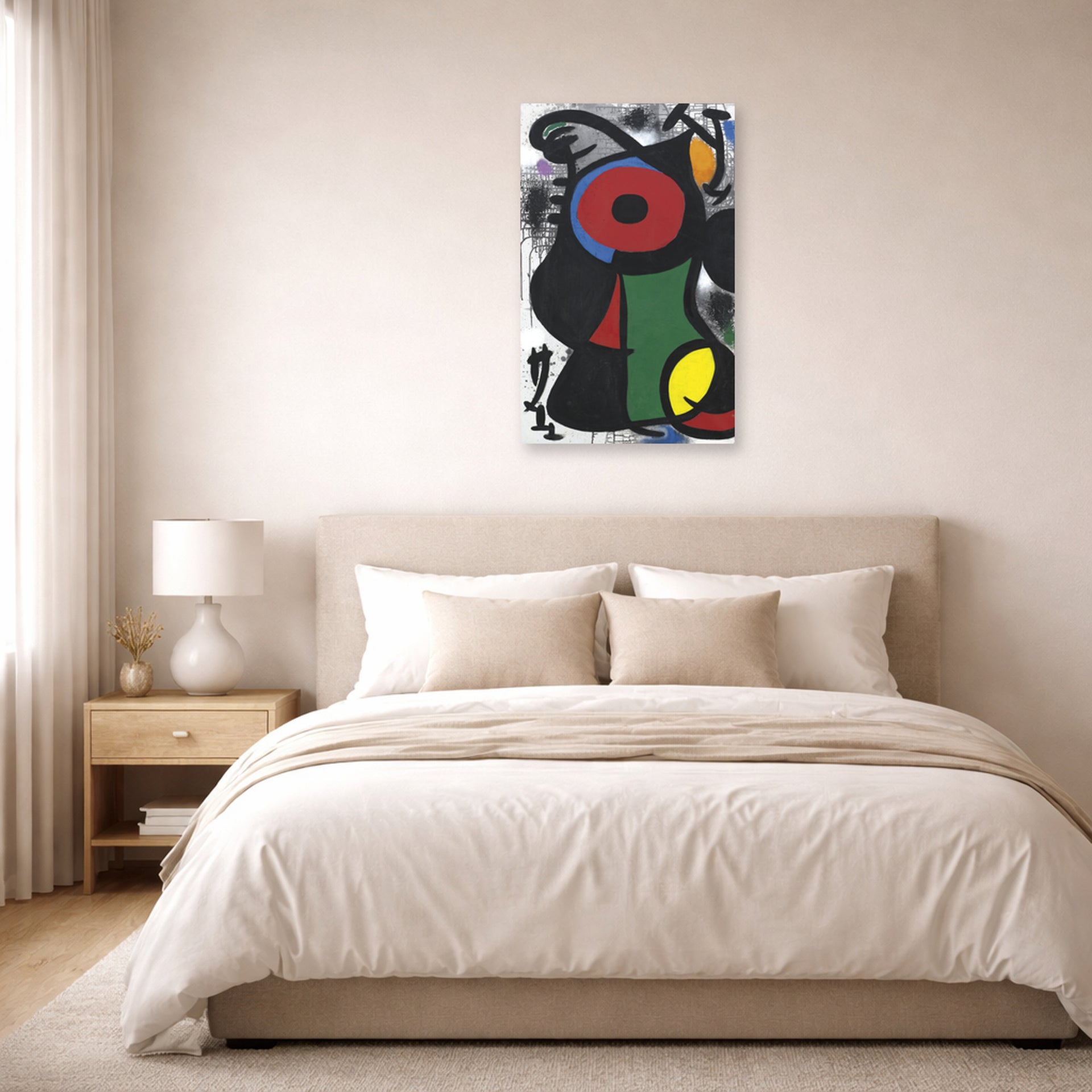 Unframed poster print of Joan Miró's 'Fascinating Character' displayed on a wall in a bedroom