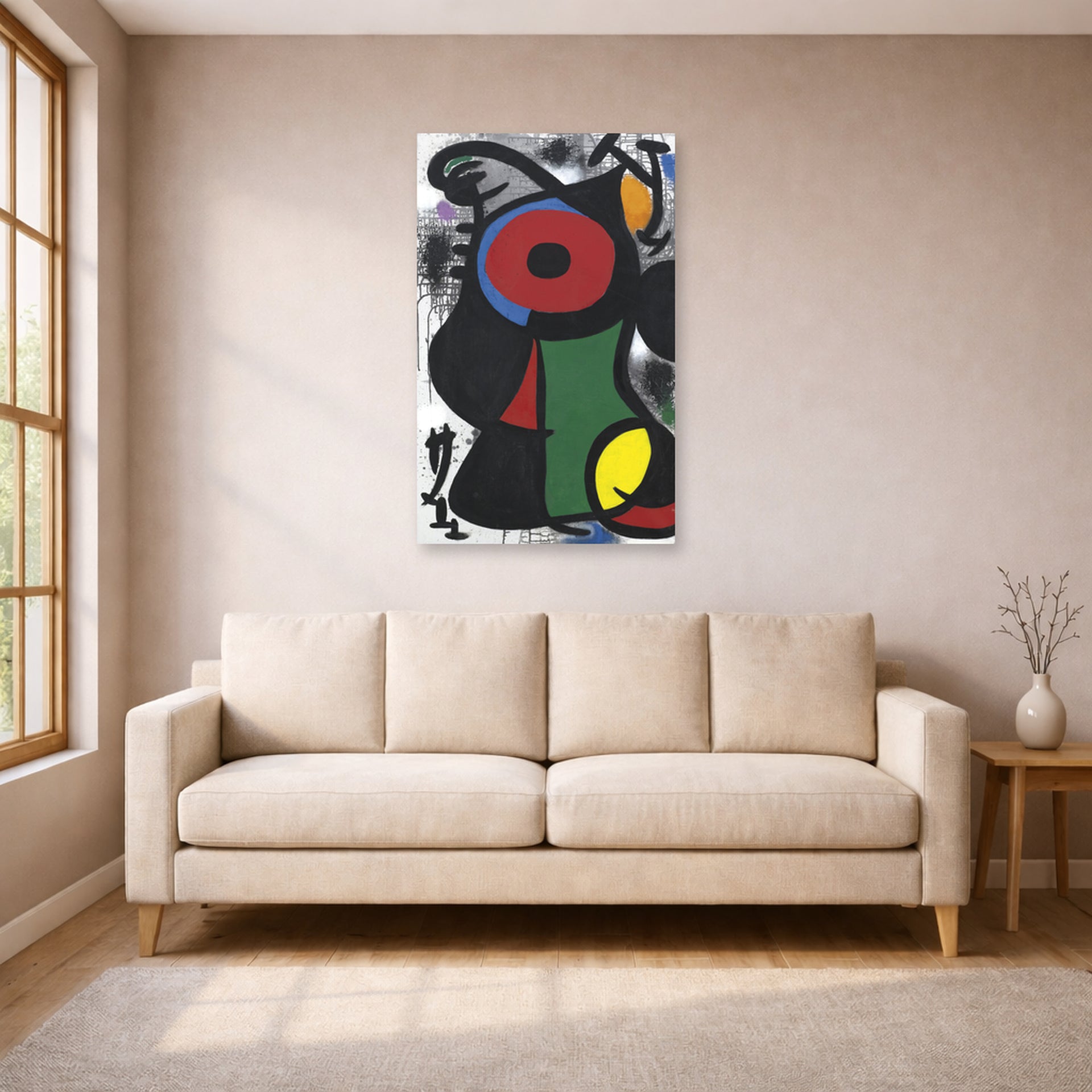 Unframed poster print of Joan Miró's 'Fascinating Character' displayed on a wall in a living room