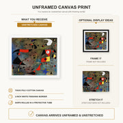 Joan Miró - Femme Et Oiseaux (woman and Birds) canvas print size comparison and framing display infographic