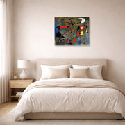 Gallery-wrapped canvas print of Joan Miró's 'Femme Et Oiseaux (woman and Birds)' displayed on a wall in a bedroom