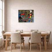 Gallery-wrapped canvas print of Joan Miró's 'Femme Et Oiseaux (woman and Birds)' displayed on a wall in a dining room
