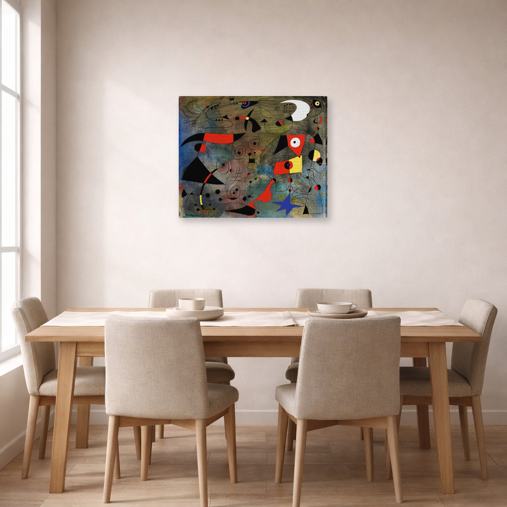 Gallery-wrapped canvas print of Joan Miró's 'Femme Et Oiseaux (woman and Birds)' displayed on a wall in a dining room