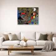 Gallery-wrapped canvas print of Joan Miró's 'Femme Et Oiseaux (woman and Birds)' displayed on a wall in a living room