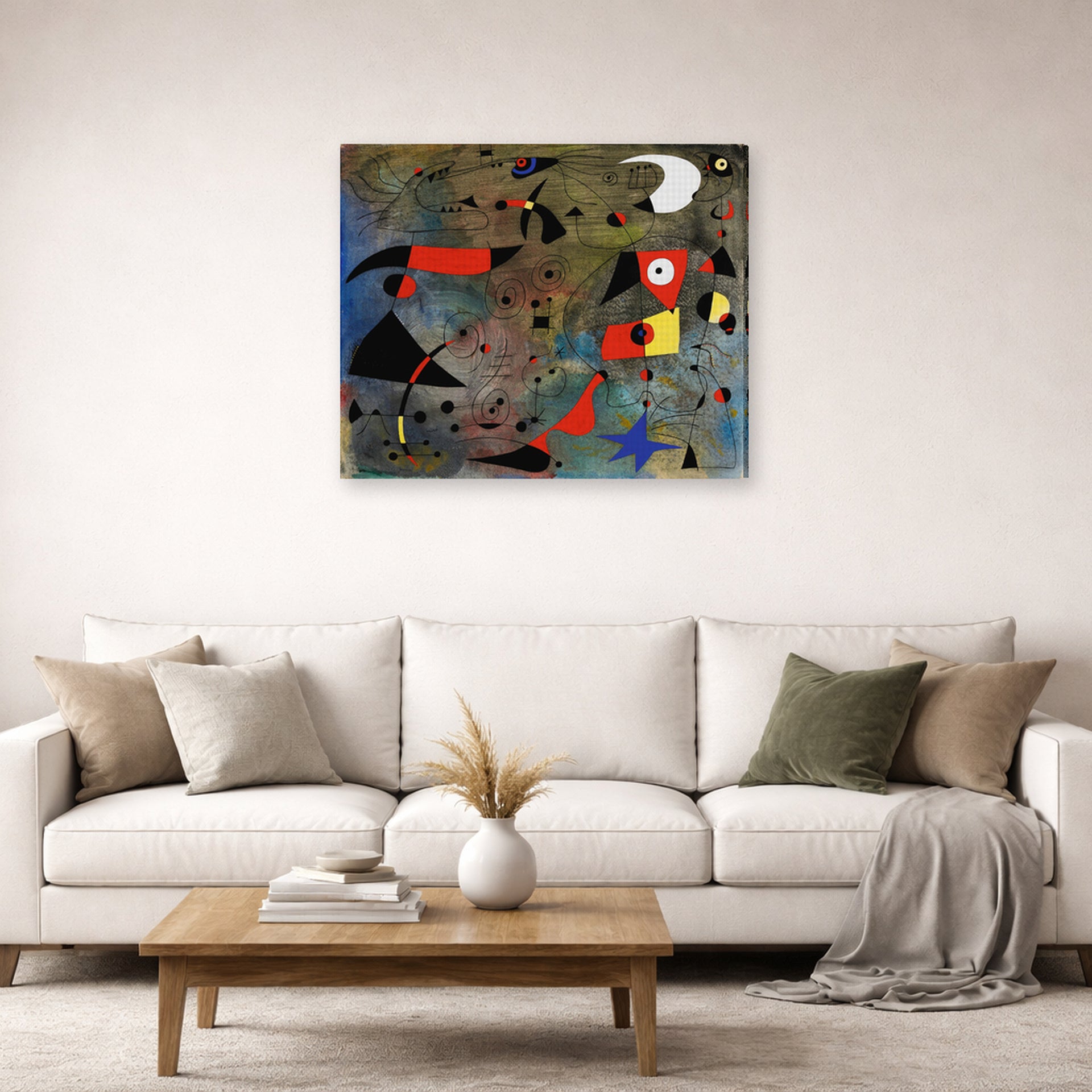 Gallery-wrapped canvas print of Joan Miró's 'Femme Et Oiseaux (woman and Birds)' displayed on a wall in a living room