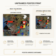 Joan Miró - Femme Et Oiseaux (woman and Birds) poster print size comparison and framing display infographic