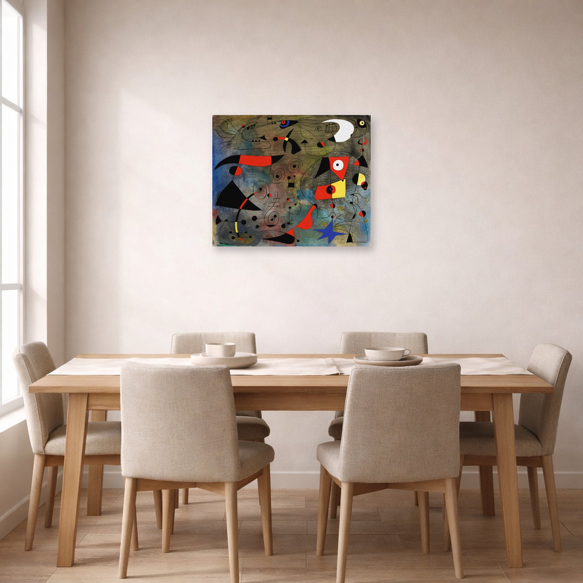 Unframed poster print of Joan Miró's 'Femme Et Oiseaux (woman and Birds)' displayed on a wall in a dining room