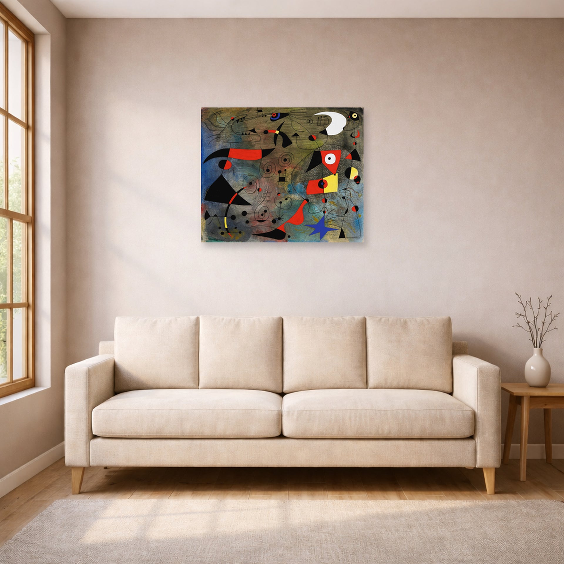 Unframed poster print of Joan Miró's 'Femme Et Oiseaux (woman and Birds)' displayed on a wall in a living room