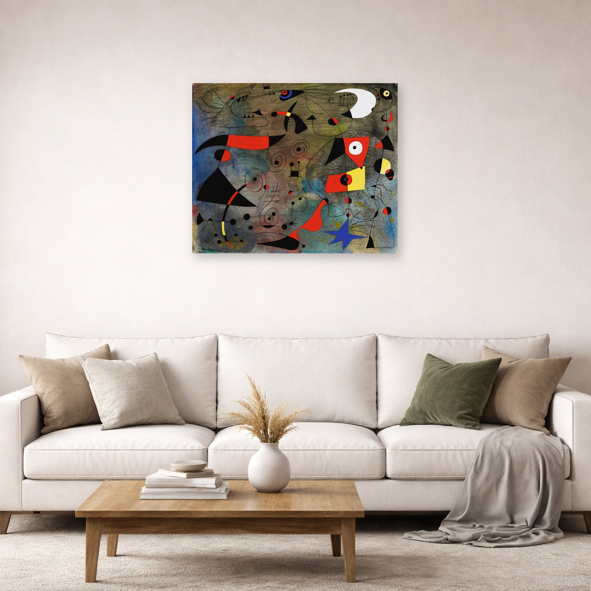 Unframed poster print of Joan Miró's 'Femme Et Oiseaux (woman and Birds)' displayed on a wall in a living room