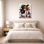 Gallery-wrapped canvas print of Joan Miró's 'Fundacao Calouste Gulbenkian' displayed on a wall in a bedroom