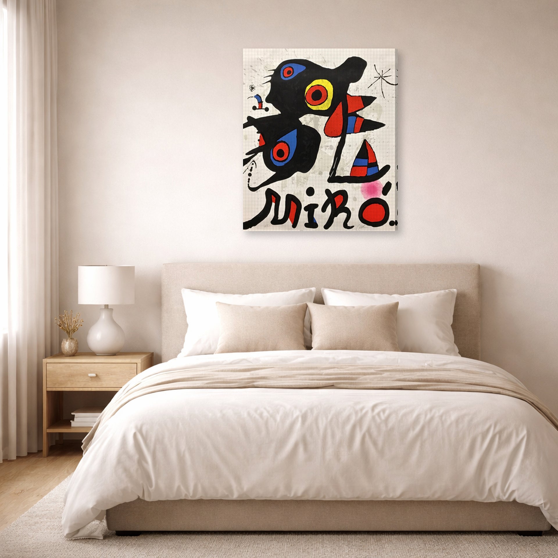 Gallery-wrapped canvas print of Joan Miró's 'Fundacao Calouste Gulbenkian' displayed on a wall in a bedroom