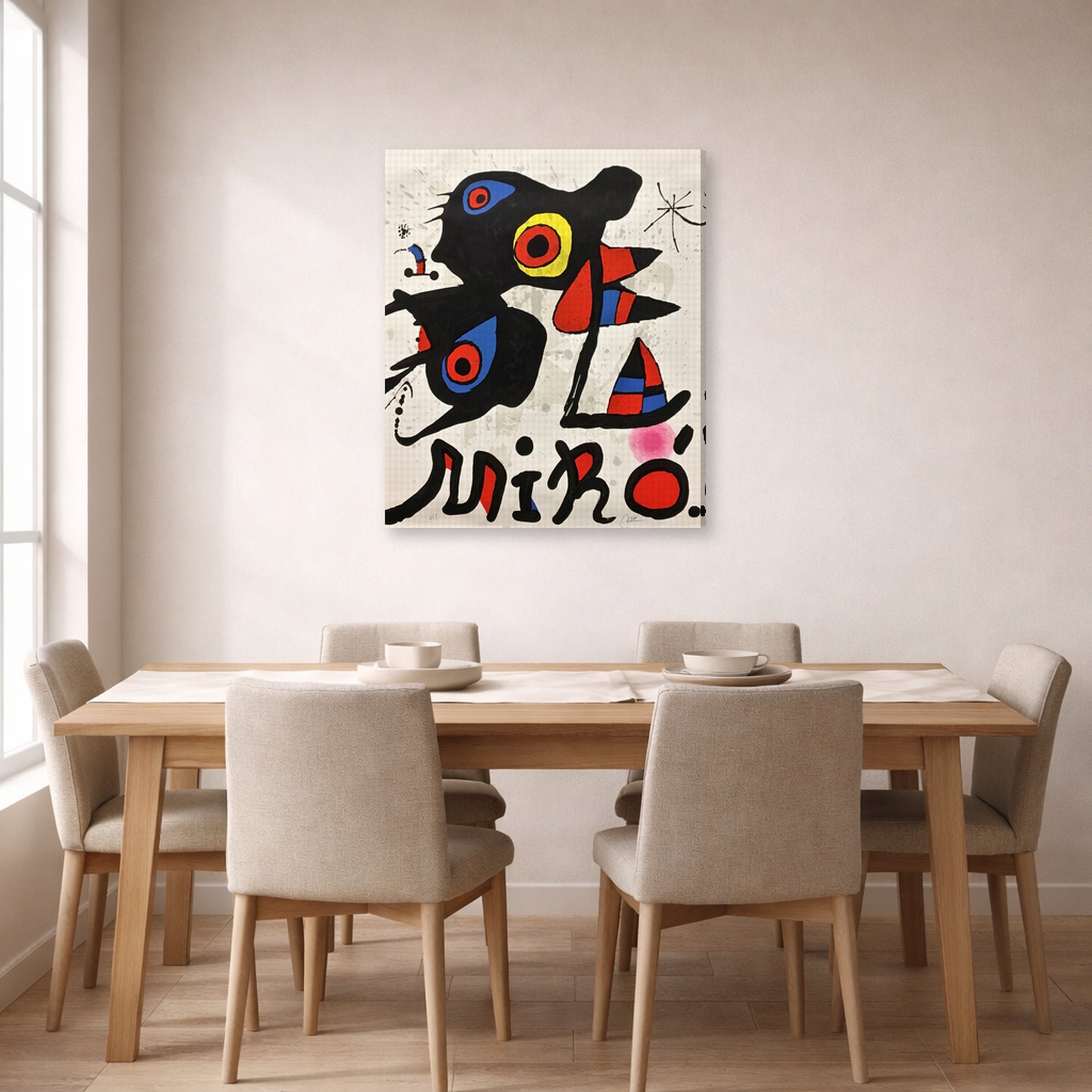 Gallery-wrapped canvas print of Joan Miró's 'Fundacao Calouste Gulbenkian' displayed on a wall in a dining room