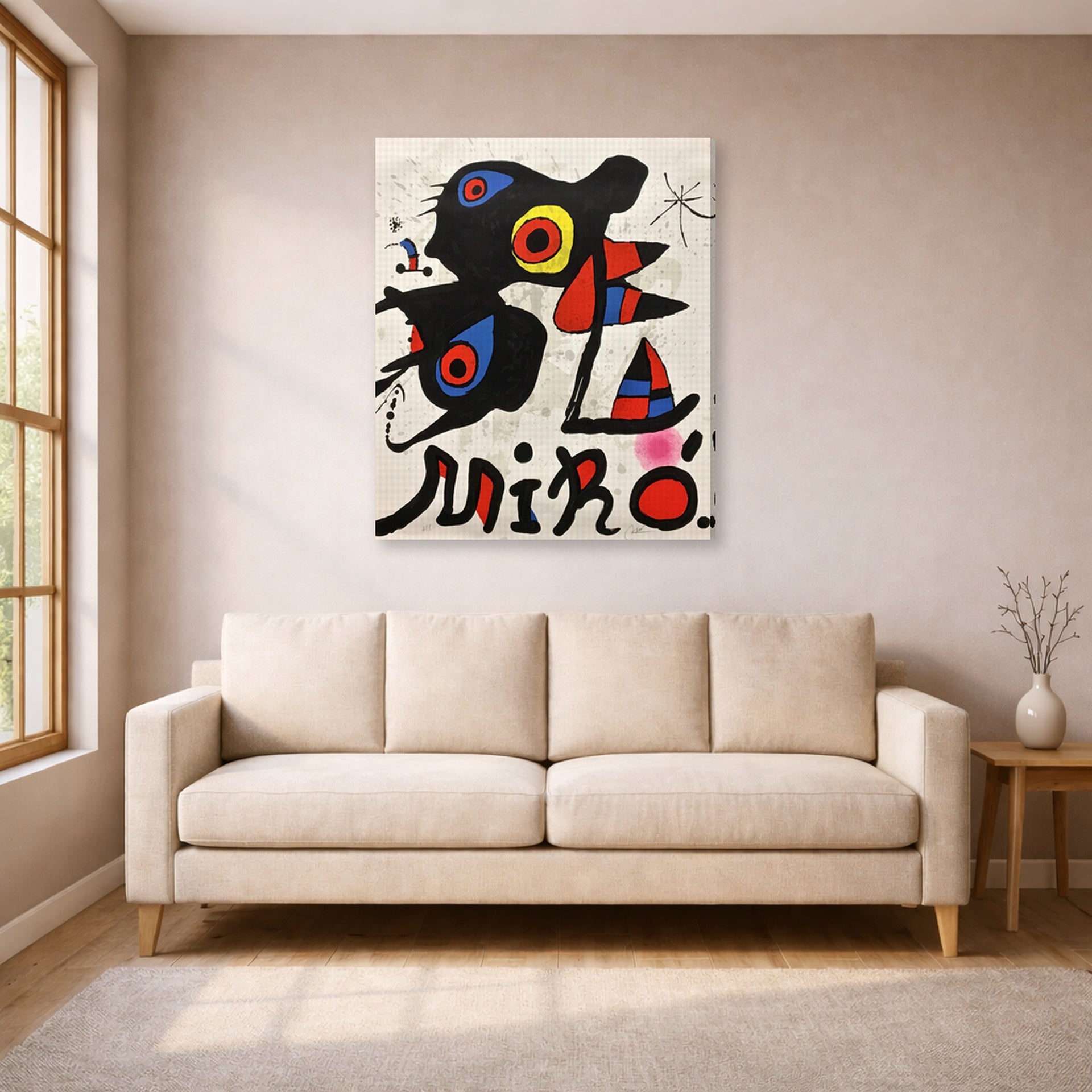 Gallery-wrapped canvas print of Joan Miró's 'Fundacao Calouste Gulbenkian' displayed on a wall in a living room