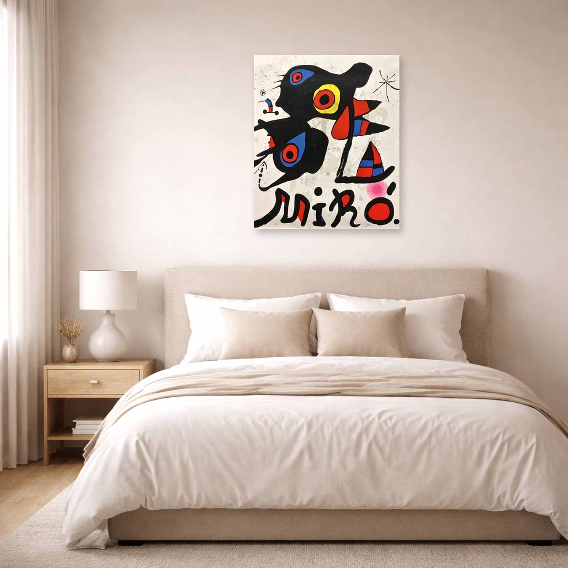 Unframed poster print of Joan Miró's 'Fundacao Calouste Gulbenkian' displayed on a wall in a bedroom