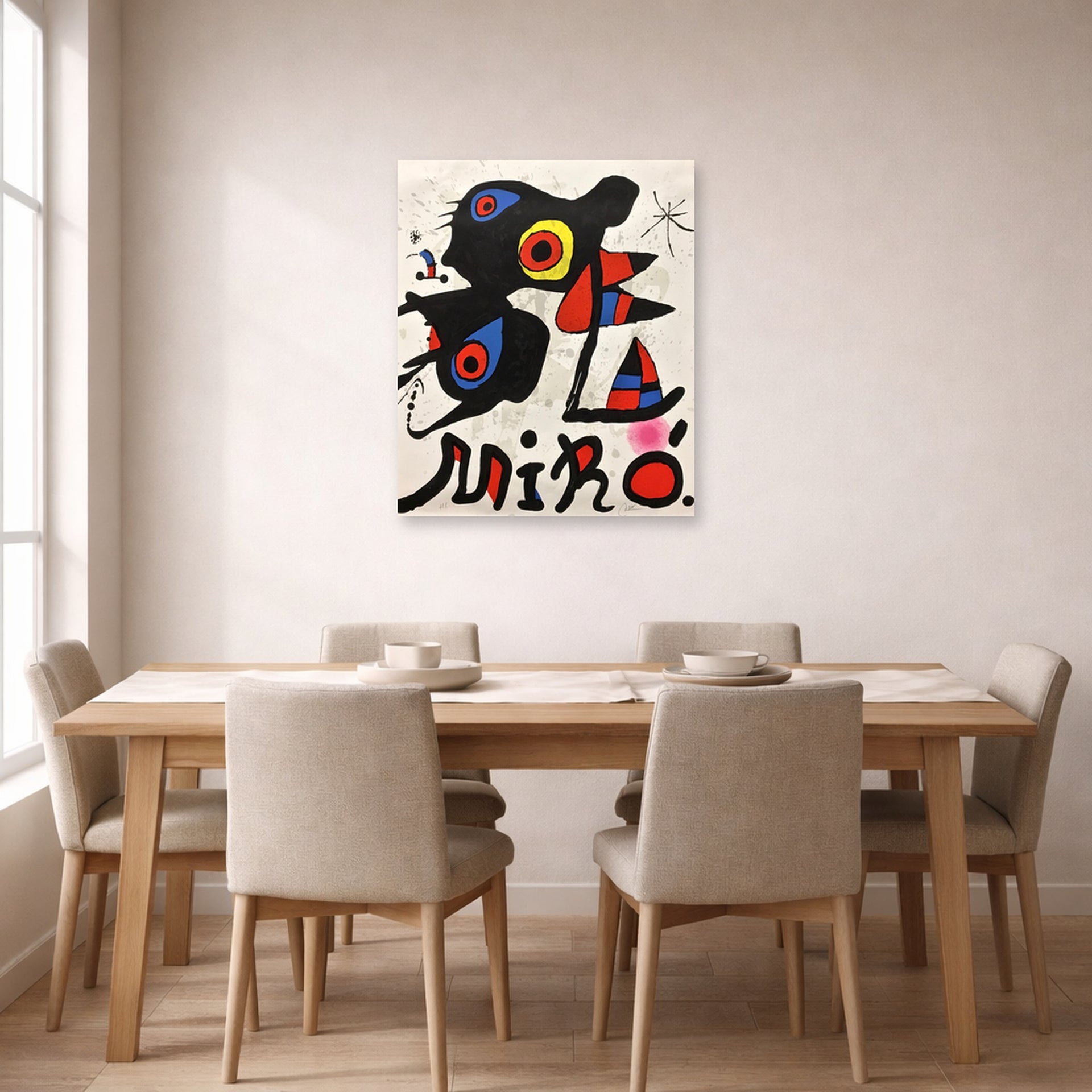 Unframed poster print of Joan Miró's 'Fundacao Calouste Gulbenkian' displayed on a wall in a dining room