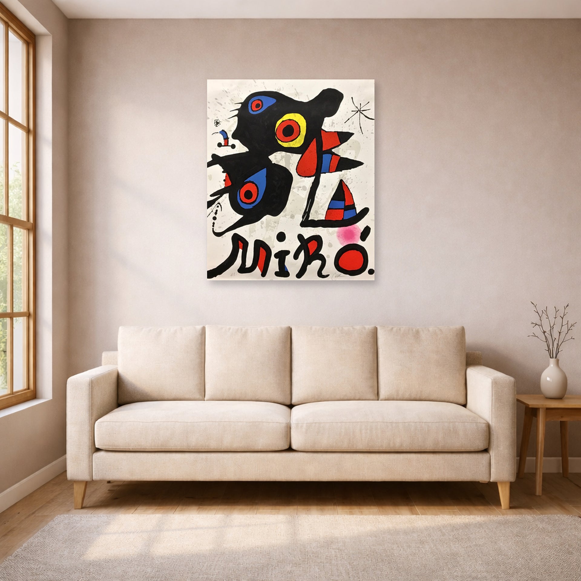 Unframed poster print of Joan Miró's 'Fundacao Calouste Gulbenkian' displayed on a wall in a living room