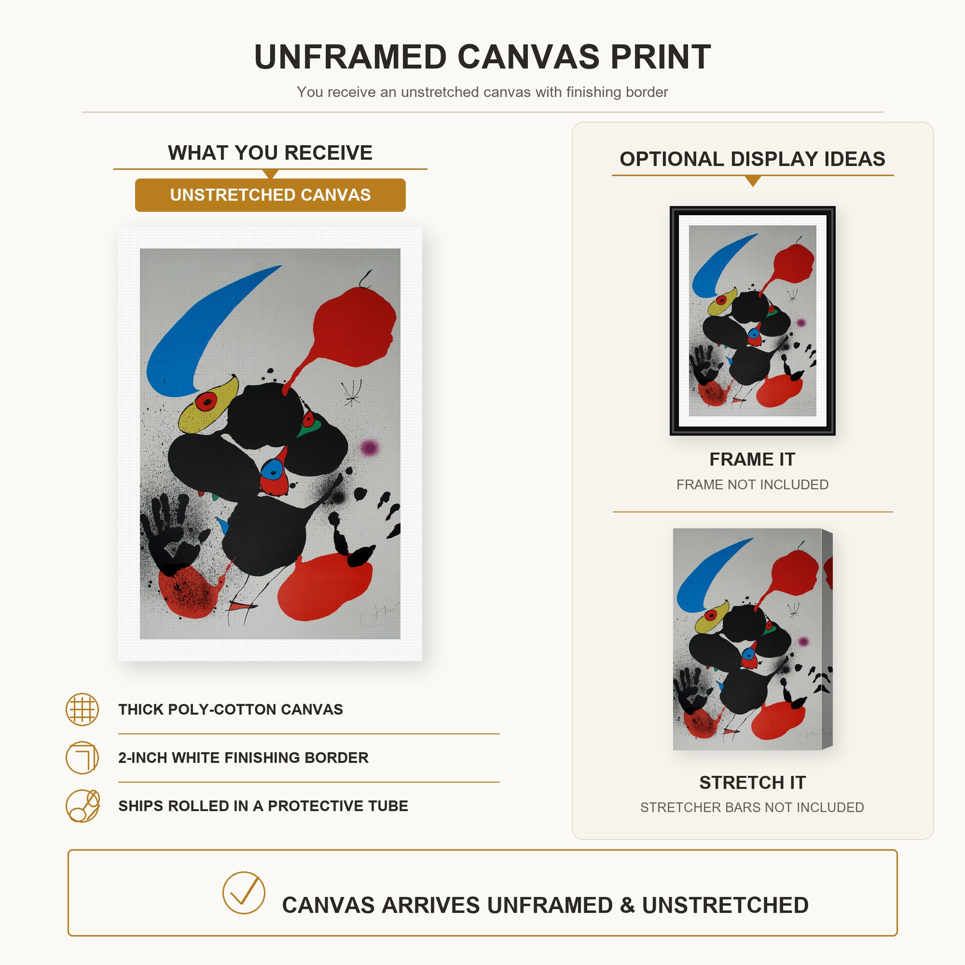 Joan Miró - Godalla canvas print size comparison and framing display infographic