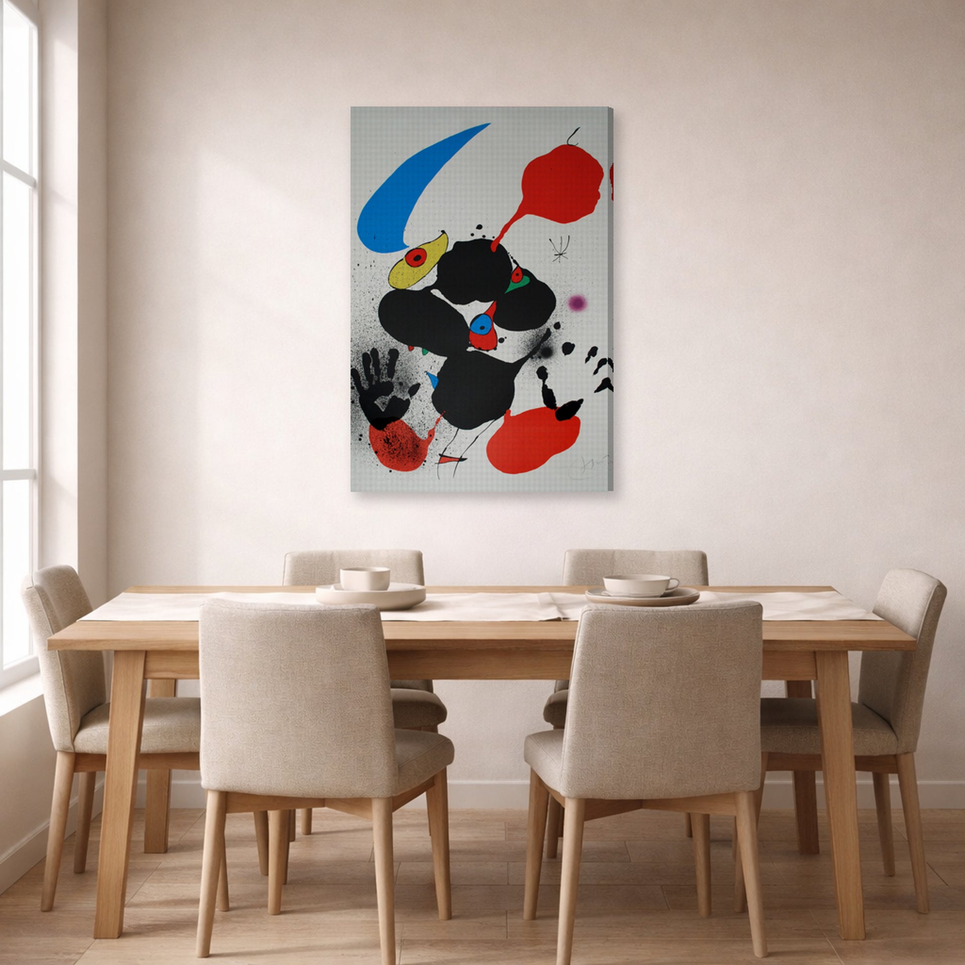 Gallery-wrapped canvas print of Joan Miró's 'Godalla' displayed on a wall in a dining room