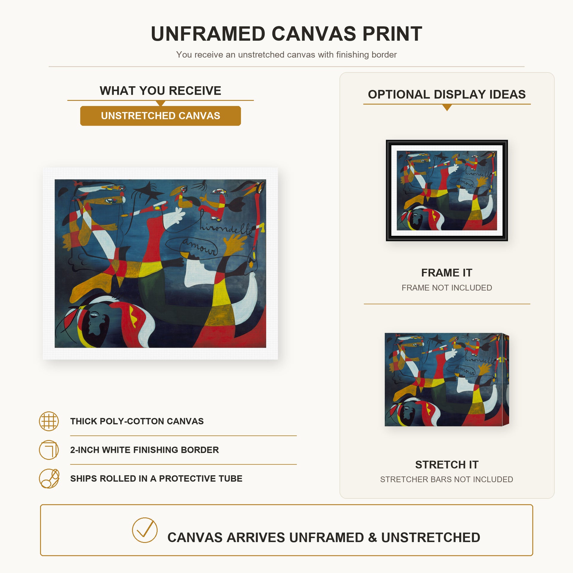 Joan Miro - Hirondelle Amour - canvas print combined product and display infographic frame and bars not included