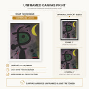 Joan Miró - L'arete Rouge Transperce Les Plumes Bleues De L'oiseau Au Pale Bec canvas print size comparison and framing display infographic
