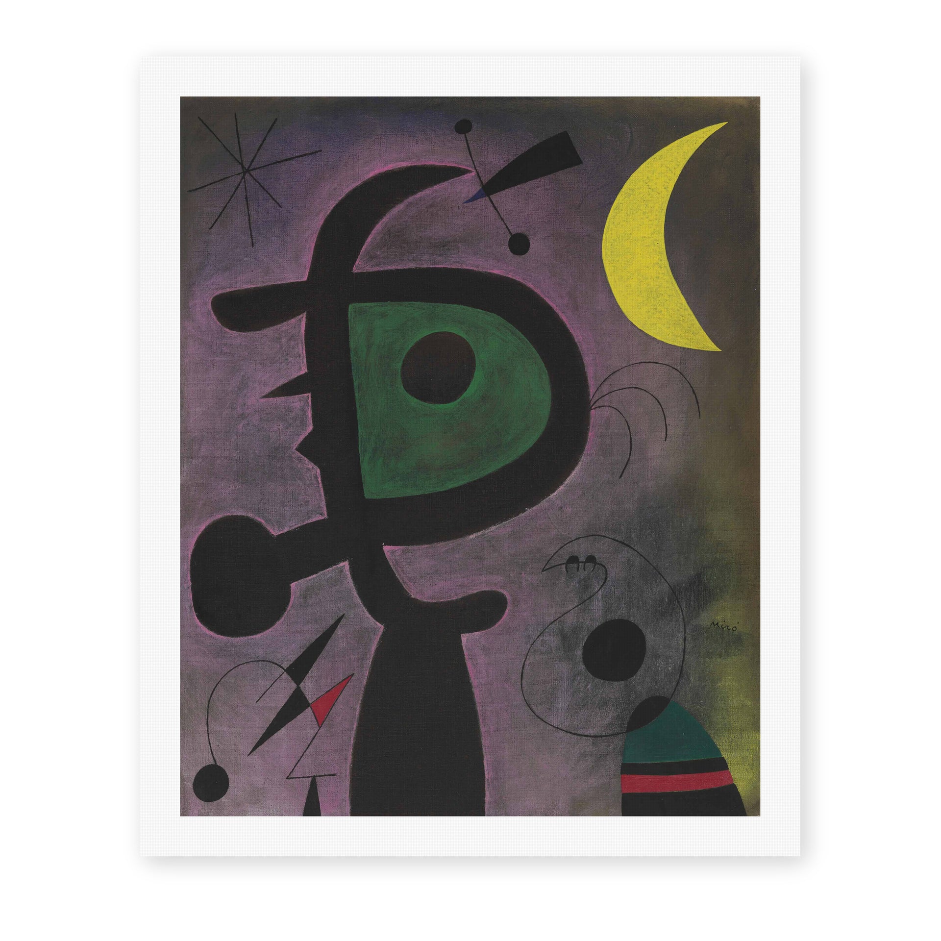 Joan Miró's 'L'arete Rouge Transperce Les Plumes Bleues De L'oiseau Au Pale Bec' painting reproduced as a rolled canvas print