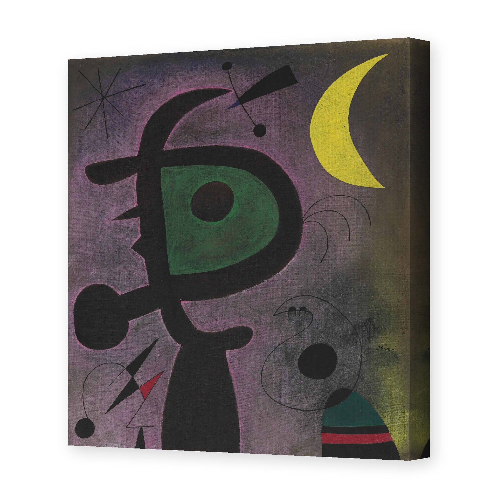Joan Miró's 'L'arete Rouge Transperce Les Plumes Bleues De L'oiseau Au Pale Bec' painting reproduced as a gallery-wrapped canvas print