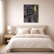 Gallery-wrapped canvas print of Joan Miró's 'L'arete Rouge Transperce Les Plumes Bleues De L'oiseau Au Pale Bec' displayed on a wall in a bedroom